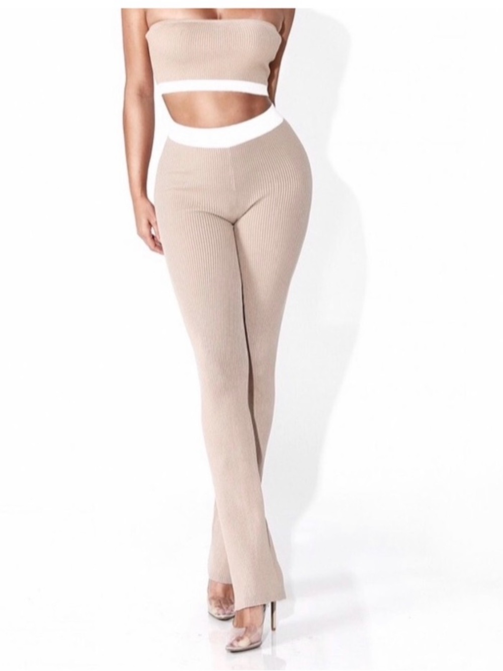 Jluxlabel tan and white ribbed bandeau pants crop top set - small - Picture 3 of 5